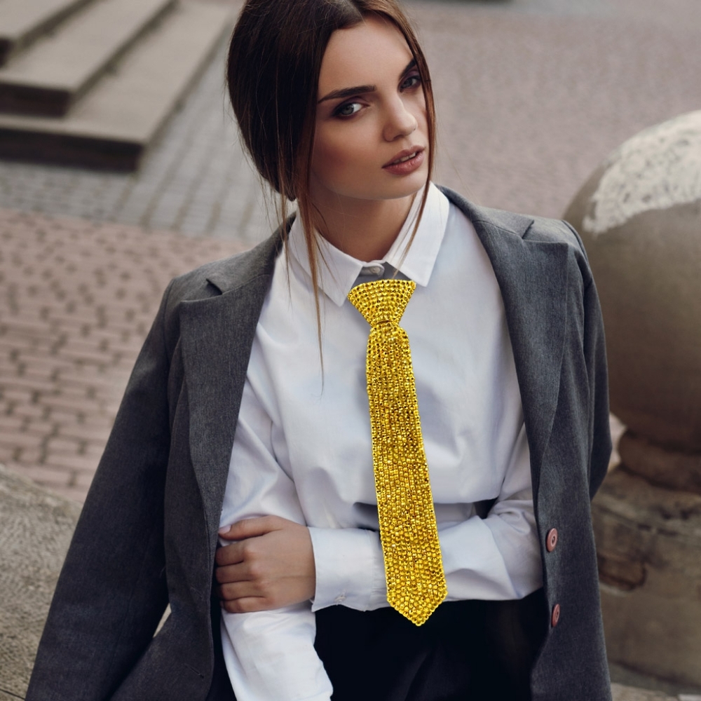 Gold Crystal Necktie Bling Rhinestones Tie Necklace Chain Statement Jewelry